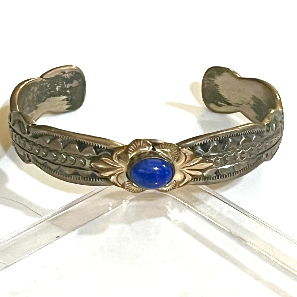 Signed - Richard Long Sr, Navajo. Vintage Sterling Silver 12k Gf Lapis Cuff